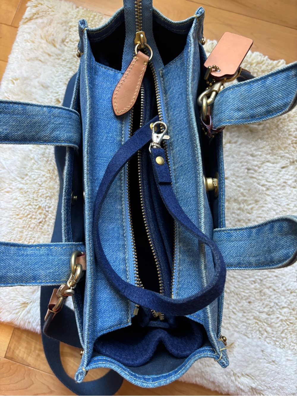 Coach Blue Denim Tote with Navy Logo and Tan Tag - Picture 4 of 9